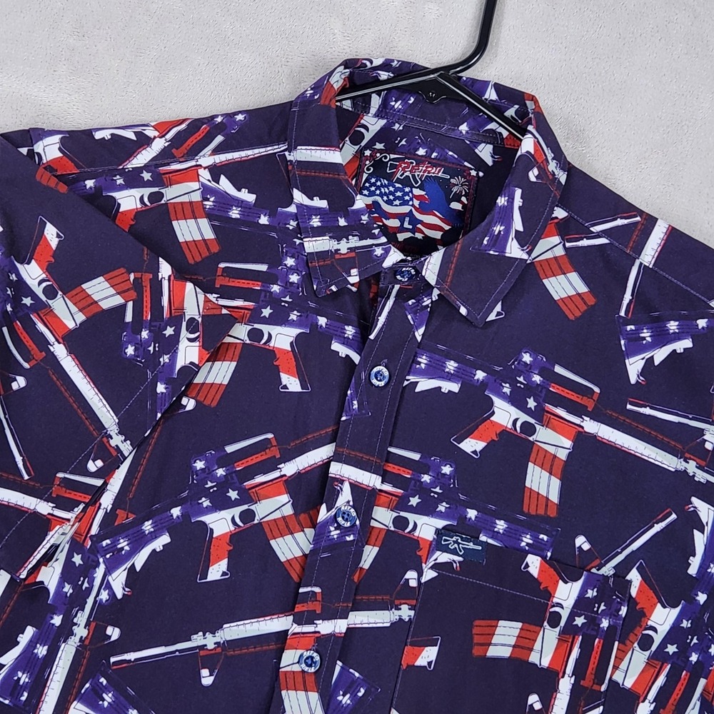 Retro Rifle The 4th Patriotic Shirt Mens Large Blue Short Sleeve Button Up